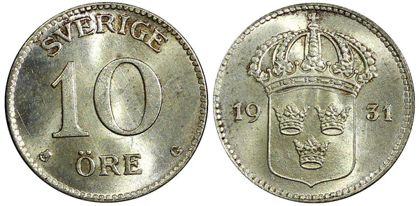 SWEDEN Gustaf V Silver 1931 G 10 Öre BU TONED KM# 780 (21 905)