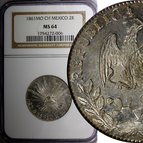 Mexico FIRST REPUBLIC Silver 1861 MO CH 2 Reales NGC MS64 NICE KM# 374.10 (06)