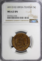 Tunisia Ali III  AH1310 1893 A 5 Centimes NGC MS62 BN TOP GRADED KM# 221 (038)