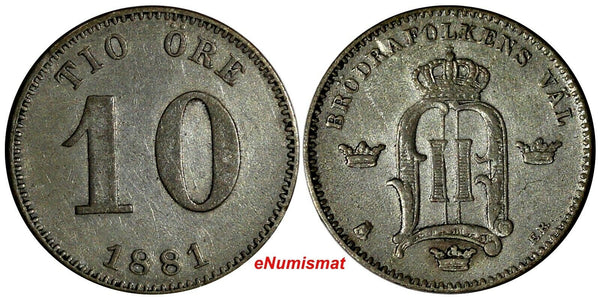 SWEDEN Oscar II Silver 1881 EB 10 Ore Mintage-763,000 KEY DATE VF  KM# 755 (588)