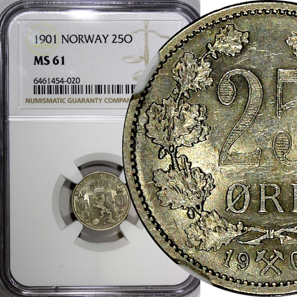 Norway Oscar II Silver 1901 25 Øre NGC MS61 Mintage-606 900 KM# 360 (020)