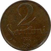 Latvia Bronze 1922 2 Santimi Without Mint Name below Ribbon Better Variety KM# 2