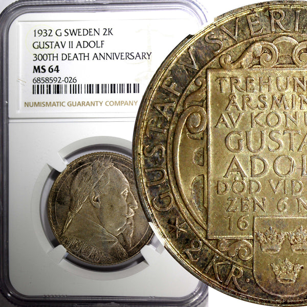 SWEDEN Silver 1932 G 2 Kronor NGC MS64 Death of Gustaf II Adolf BU KM# 805 (026)