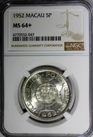 Macau Silver 1952 5 Patacas NGC MS64+ 1 YEAR TYPE Mintage- 900,000 KM# 5