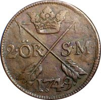 SWEDEN COPPER  Frederick I 1749 2 Ore,S.M.Struck at Avesta Mint .KM# 437 (2341)