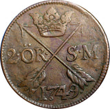 SWEDEN COPPER  Frederick I 1749 2 Ore,S.M.Struck at Avesta Mint .KM# 437 (2341)