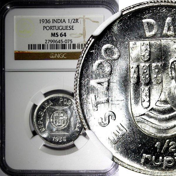 India-Portuguese Silver 1936 1/2 Rupia NGC MS64 Mintage-100,000 SCARCE KM# 23(5)