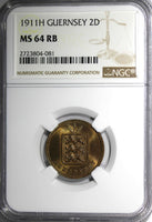 GUERNSEY Bronze 1911 H 2 Doubles NGC MS64 RB Nice RED Toning Mint-29,000 KM# 9