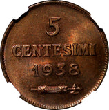 San Marino Bronze 1938 R 5 Centesimi NGC MS65 RB Mintage-200,000 KM# 12 (19)