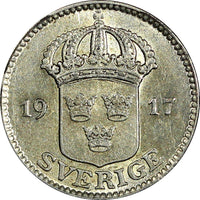 Sweden Gustaf V Silver 1917 W  25 Öre  KM# 785 (22 056)