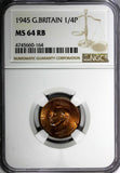 Great Britain George VI Bronze 1945 Farthing NGC MS64 RB RED TONING KM# 843
