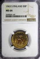 FINLAND Aluminum-Bronze 1963-S 50 Pennia NGC MS64 1st Year Type KM# 48