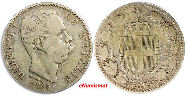 ITALY Umberto I   Silver 1885 (R)   2 Lire Mintage-598,000 RARE DATE KM# 23 (20)