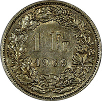 Switzerland Copper-Nickel 1969-B 1 Franc GEM BU COIN Toning KM# 24a.1