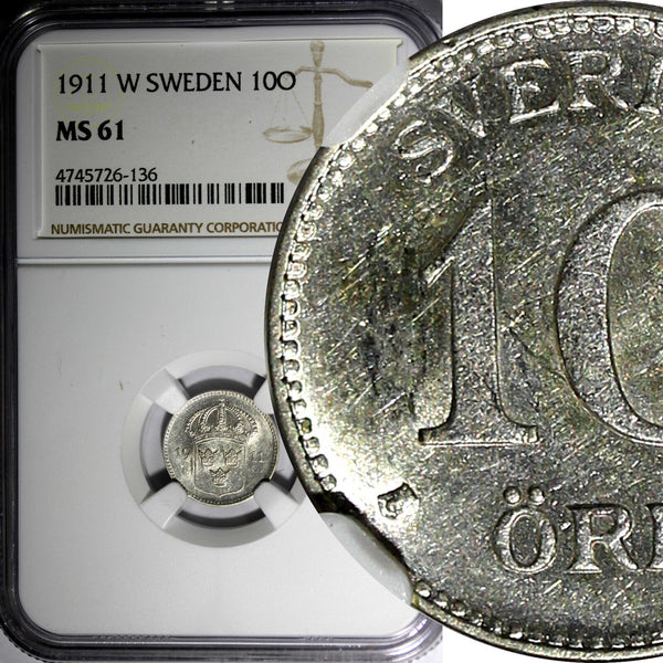 Sweden Gustaf V (1908-1950) Silver 1911 W 10 Ore NGC MS61 KM# 780 (136)