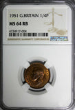 Great Britain George VI Bronze 1951 1 Farthing NGC MS64 RB KM# 867