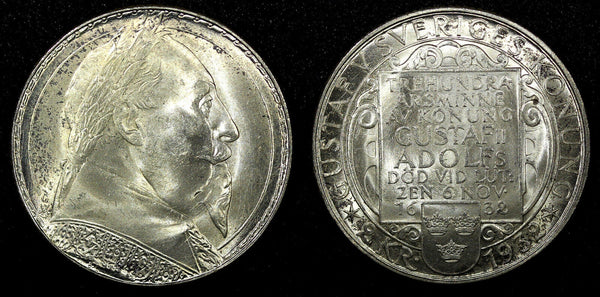 SWEDEN Silver 1932 G 2 Kronor 1 YEAR Death of Gustaf II Adolf GEM BU KM# 805 (8)