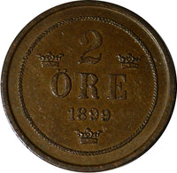 Sweden Oscar II Bronze 1899 EB 2 Ore Large Letters XF+ KM# 746 (14 354)