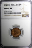 India-British George V Bronze 1928 (C) 1/12 Anna NGC MS66 RB TOP GRADE KM#509(4)