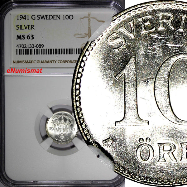 SWEDEN Gustaf V Silver 1941-G 10 Ore NGC MS63 WWII Issue Light Toned KM# 780 (9)