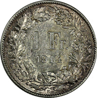 Switzerland Silver 1914 B  1 Franc aUNC Toned KM# 24  (17 149)