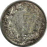 Switzerland Silver 1914 B  1 Franc aUNC Toned KM# 24  (17 149)