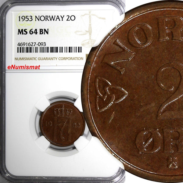 Norway Haakon VII Bronze 1953 2 Ore NGC MS64 BN TOP GRADED BY NGC KM# 399 (093)