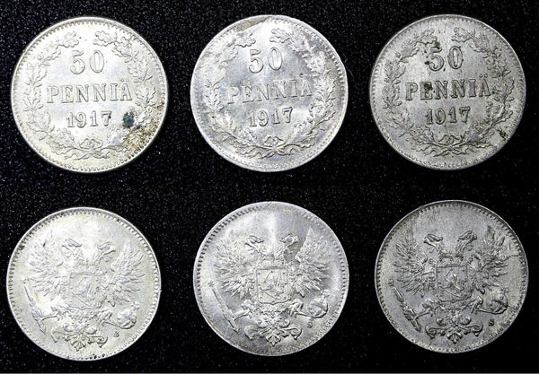 Finland Silver LOT OF 3 COINS 1917 S 50 Penniä Civil War Issue KM# 20 (22 222)