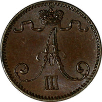Finland Alexander III Copper 1891 1 Penni Ch XF KM# 10 (15 020)