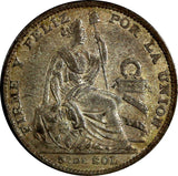 PERU Silver 1892 TF 1/5 Sol Mintage-128,000 VF Condition Toned KM#205.1 (13575)