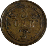 Sweden Oscar II Bronze 1875 5 Öre small letters Mintage-608,500 KM# 736 (17 926)