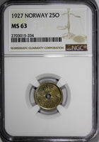 Norway Haakon VII 1927 25 Ore NGC MS63 Center Hole BETTER DATE KM# 384