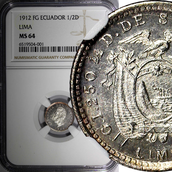 ECUADOR Silver 1912 LIMA FG 1/2 Decimo, Medio NGC MS64 Flashy Toned KM# 55.1 (1)