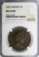 Sweden Carl XIV Johan Copper 1843 2 Skilling NGC MS62 BN  SCARCE KM# 643 (043)