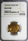 SPAIN II Republic Copper 1937 (34) 50 Centimos NGC MS63 RB KM# 754.1 (039)