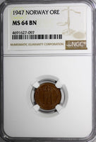 Norway Haakon VII Bronze 1947 1 Ore NGC MS64 BN TOP GRADED BY NGC KM# 367