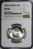 SOUTH AFRICA Silver 1964 20 Cents LAST YEAR TYPE NGC MS66 TOP GRADED KM# 61 (47)
