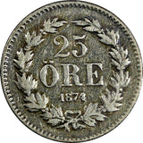 Sweden Oscar II Silver 1874 ST 25 Ore  KM# 738 (17 829)