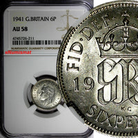 GREAT BRITAIN George VI Silver 1941 6 Pence NGC AU58  KM# 852  (211)