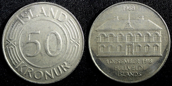 Iceland Nickel 1968 50 Krónur 50th Anniversary - Sovereignty UNC KM# 16 (23 947)