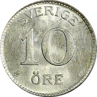 SWEDEN Gustaf V Silver 1938 G 10 Öre UNC KM# 780 (22 134)