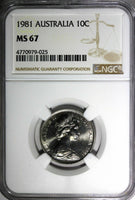 Australia Elizabeth II 1981 10 Cents NGC MS67  TOP GRADED BY NGC KM#65