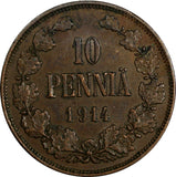 Finland Nicholas II Copper 1914 10 Penniä Mintage-605,000 KM# 14 (18 744)