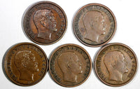 Denmark Frederik VII COPPER LOT OF 5 COINS 1853 1 Rigsbankskilling KM# 756 (694)