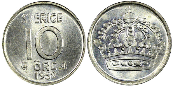 Sweden Gustaf VI SILVER 1952 10 Öre GEM BU COIN  KM# 823 (22 092)