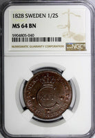 SWEDEN Carl XIV Johan 1828 1/2 Skilling NGC MS64 BN SCARCE TOP GRADED KM#596(0)