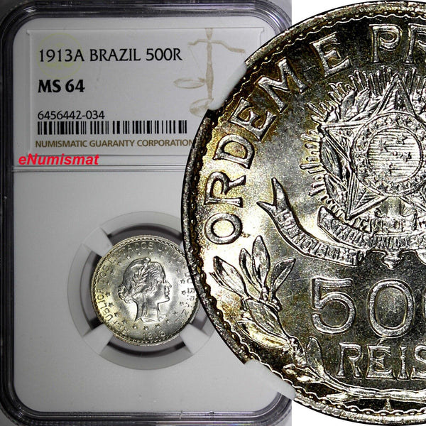 Brazil Silver 1913 A 500 Reis NGC MS64 Light Toning BU Berlin Mint KM# 512 (034)