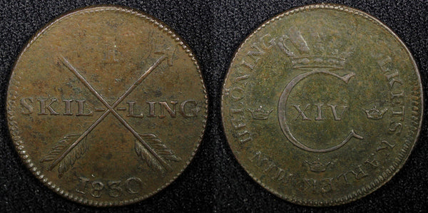 SWEDEN Carl XIV Johan Copper 1830 1  Skilling Last Year Type KM# 597 (555)