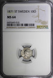 Sweden Carl XV Adolf Silver 1871 ST 10 Öre Last Year Type NGC MS64 KM# 710 (010)