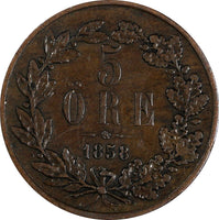 SWEDEN Oscar I Bronze 1858/7  5 Ore  OVERDATE  KM# 690 (20 426)